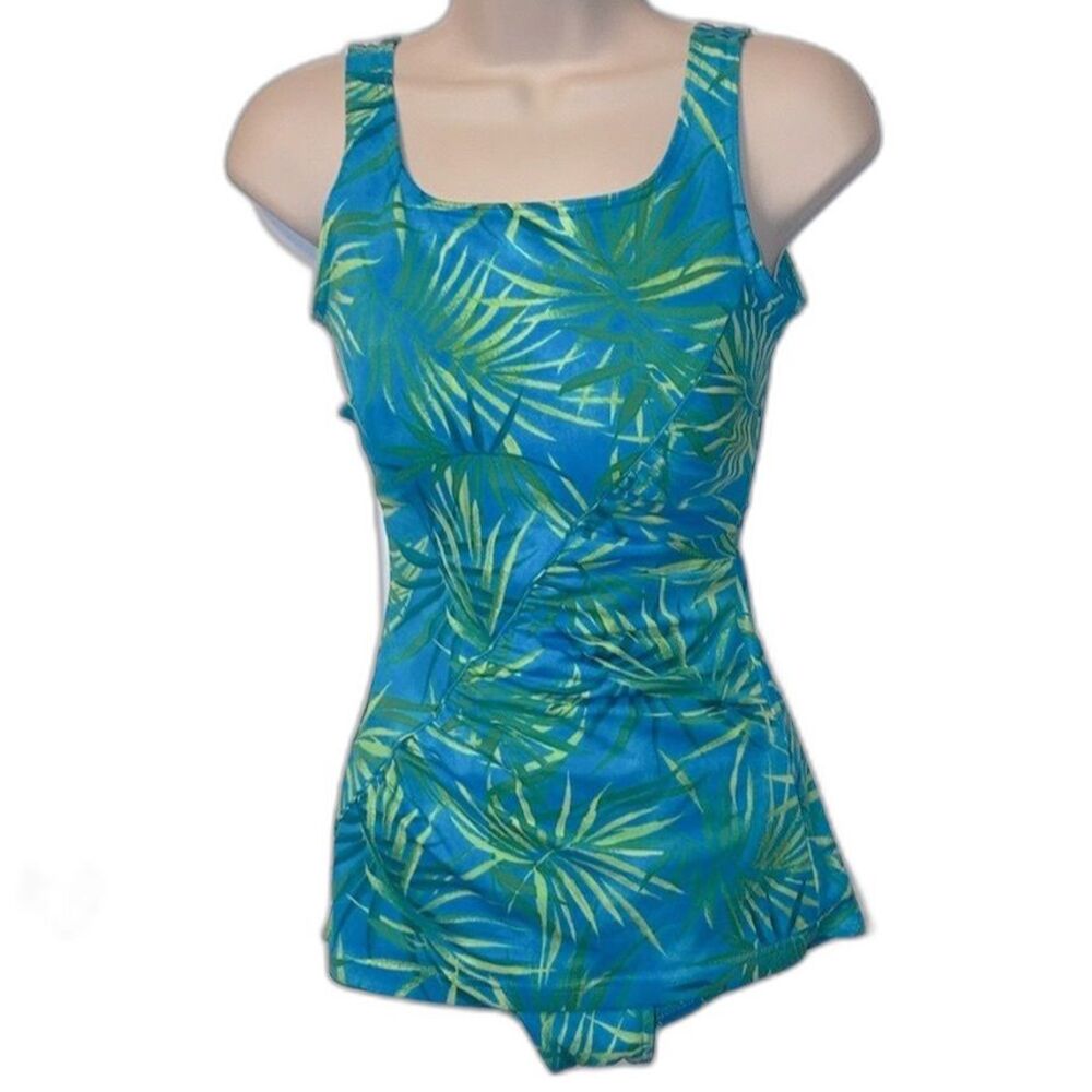 IT FIGURES Tropical Blue and Green Slimming 1 Piece Swimsuit Womens size 10